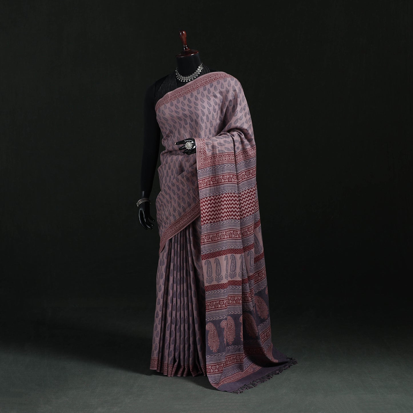 Handwoven Merino Wool Natural Dyed Hand Block Bagh Print Saree 01