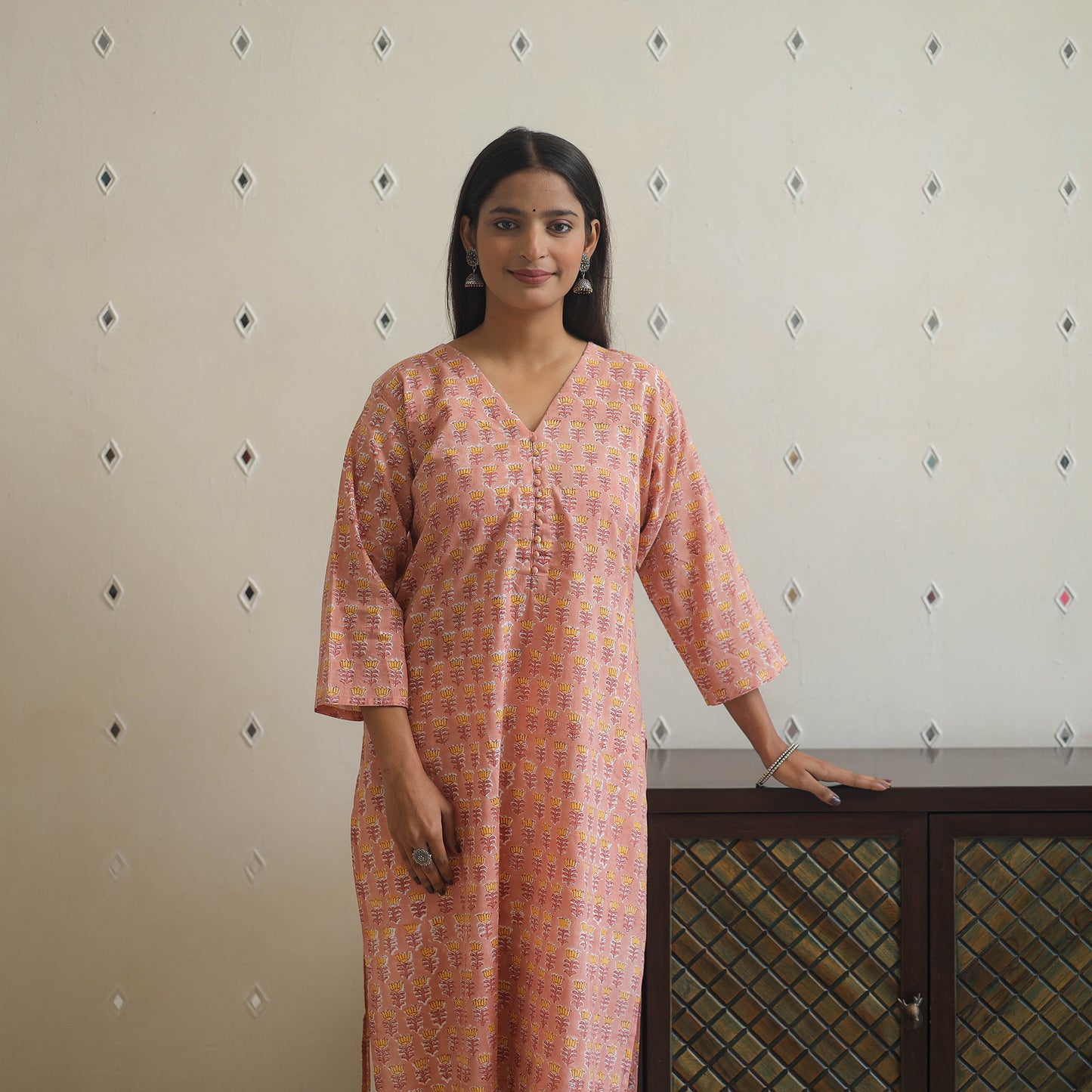Peach Block Print Cotton Straight Sanganeri Kurta for Women