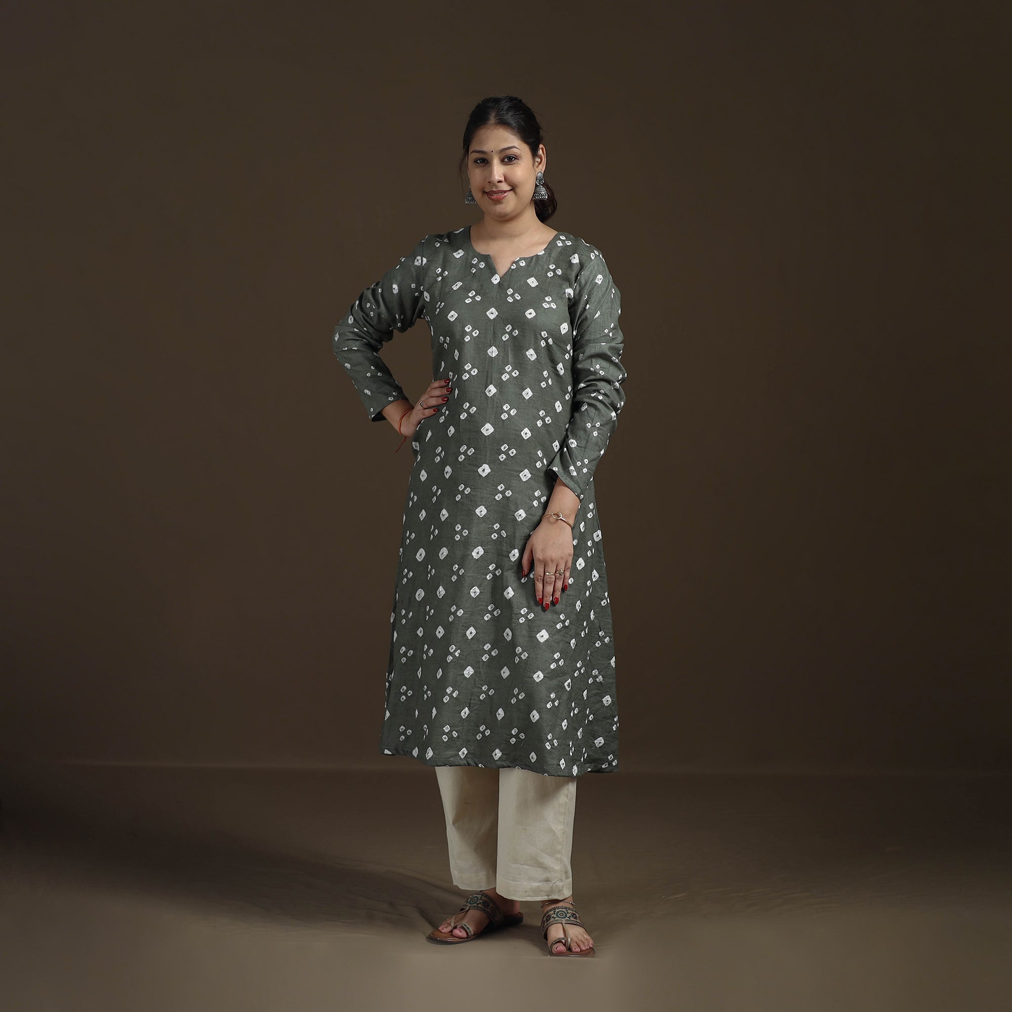 Grey - Bandhani Tie-Dye Cotton A-Line Kurta for women 01