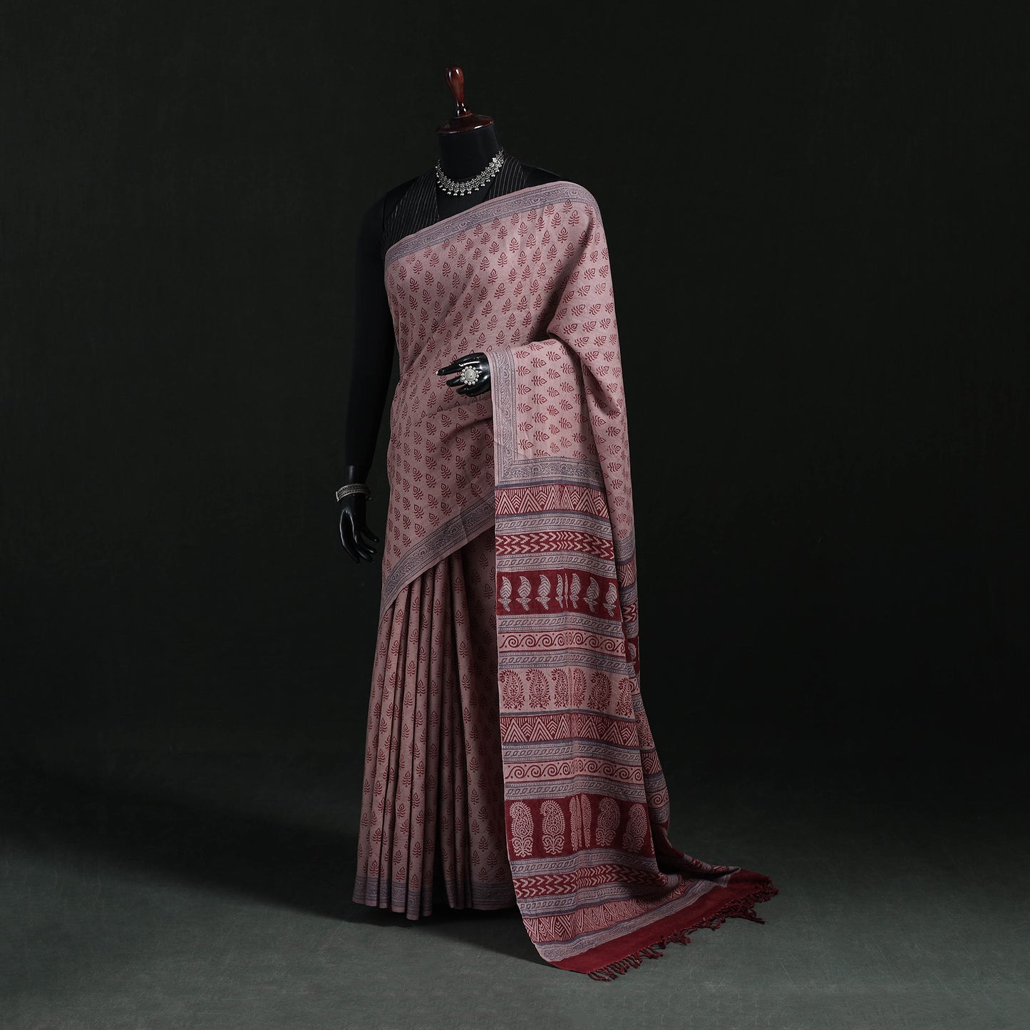 Handwoven Merino Wool Natural Dyed Hand Block Bagh Print Saree 09