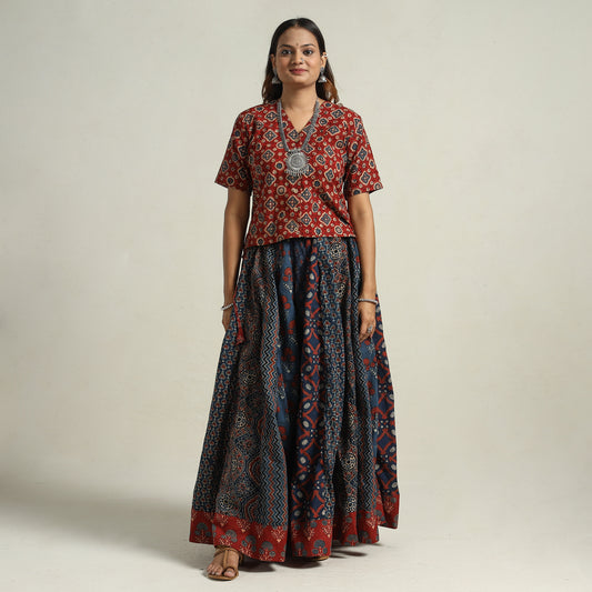 Ajrakh Block Printed 24 Kali Patchwork Cotton Long Skirt 12