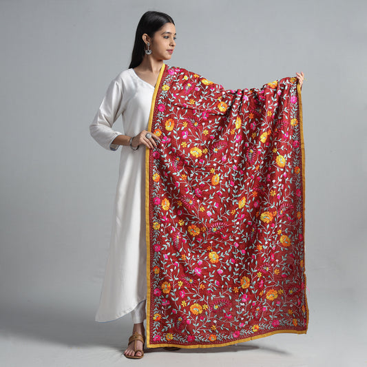 Maroon - Ranihati Chanderi Silk Chapa Work Phulkari Embroidered Dupatta 41