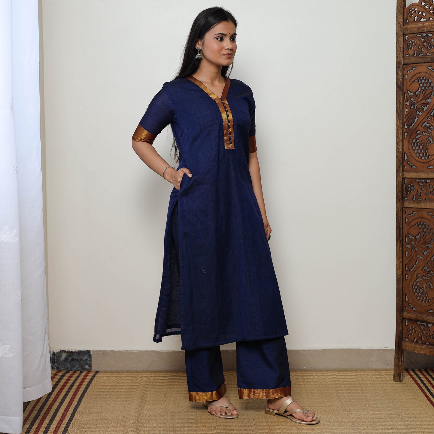 Blue - Dharwad Cotton Kurta with Palazzo & Dupatta Set 10