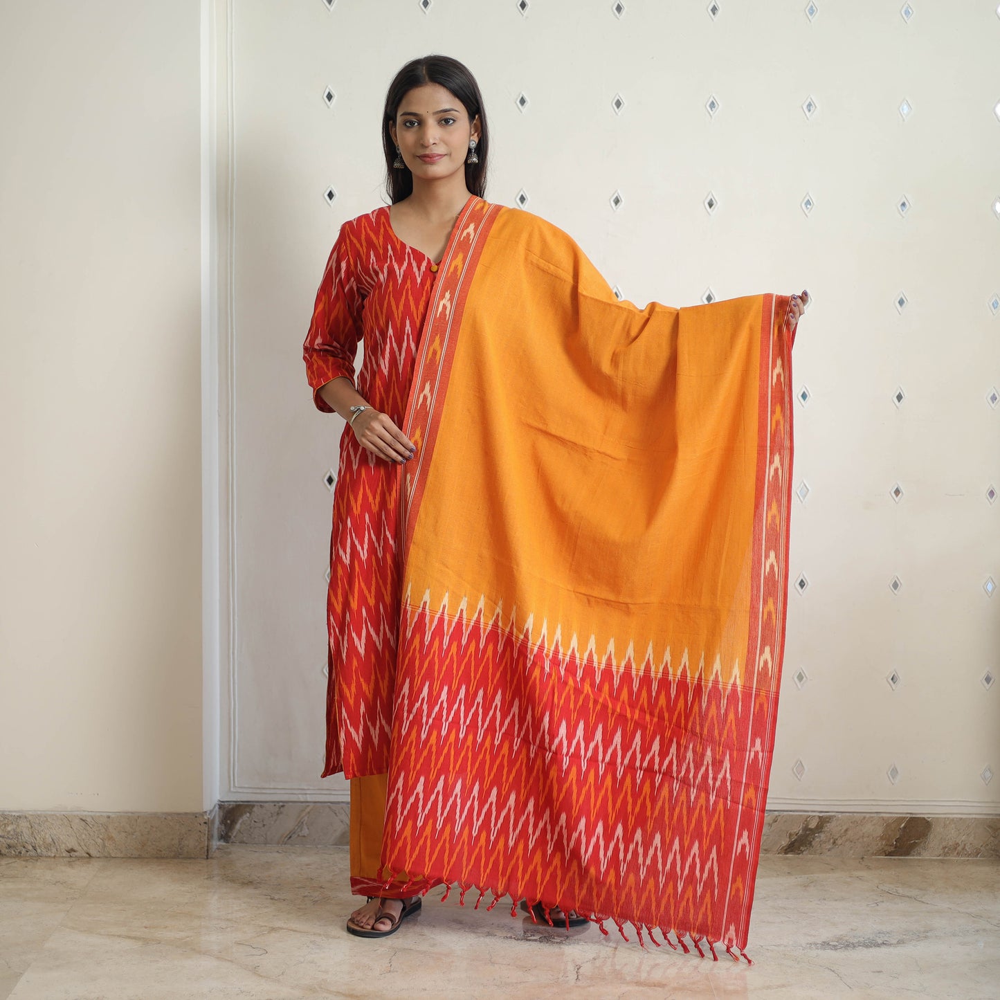 Red - Handloom Cotton Pochampally Ikat Kurta Set 24