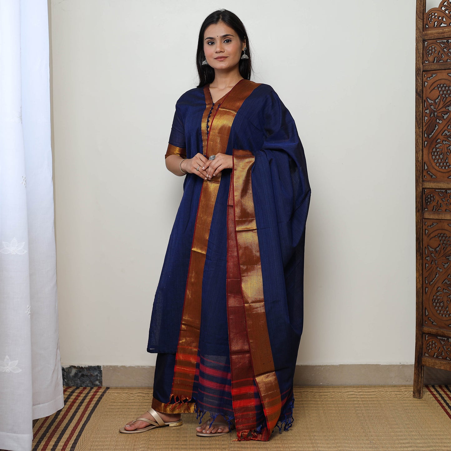 Blue - Dharwad Cotton Kurta with Palazzo & Dupatta Set 10