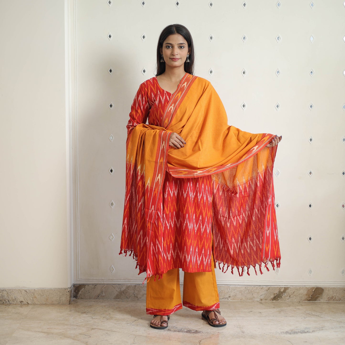 Red - Handloom Cotton Pochampally Ikat Kurta Set 24