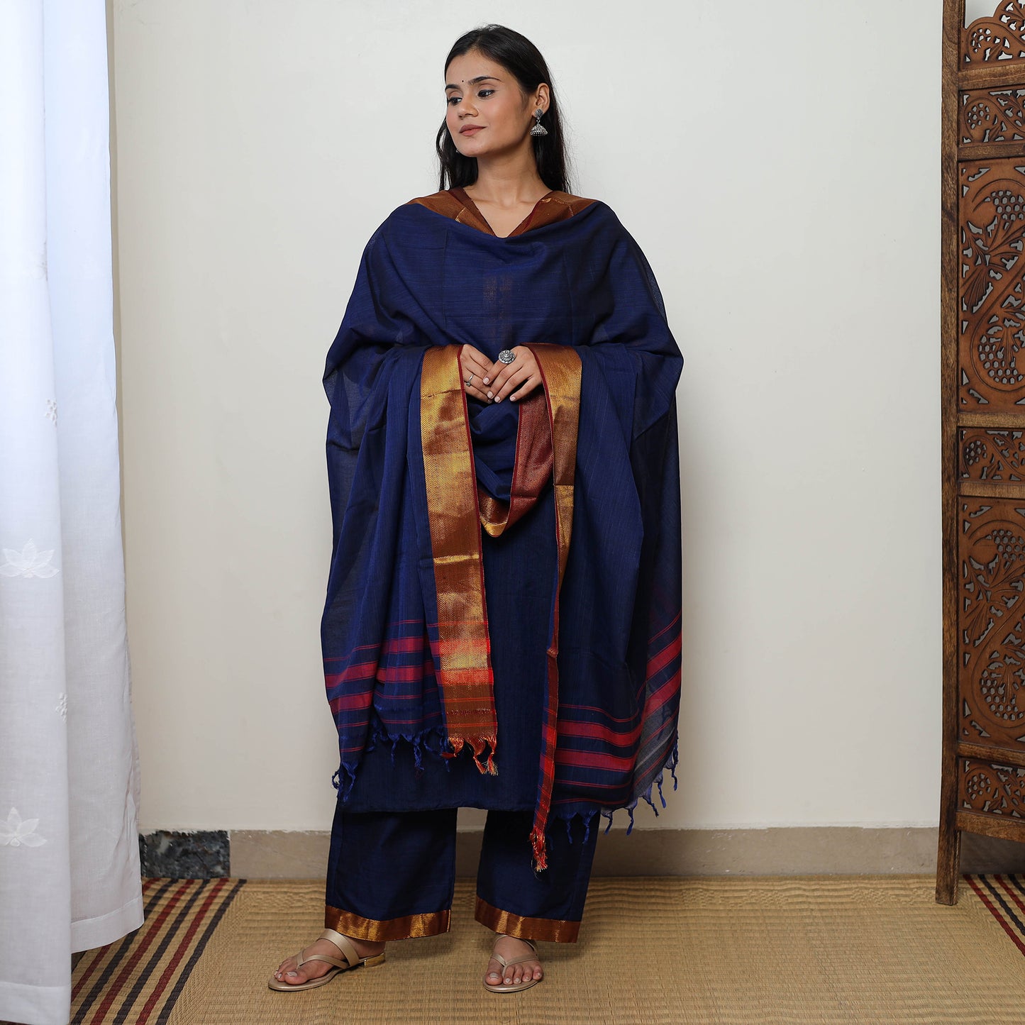 Blue - Dharwad Cotton Kurta with Palazzo & Dupatta Set 10