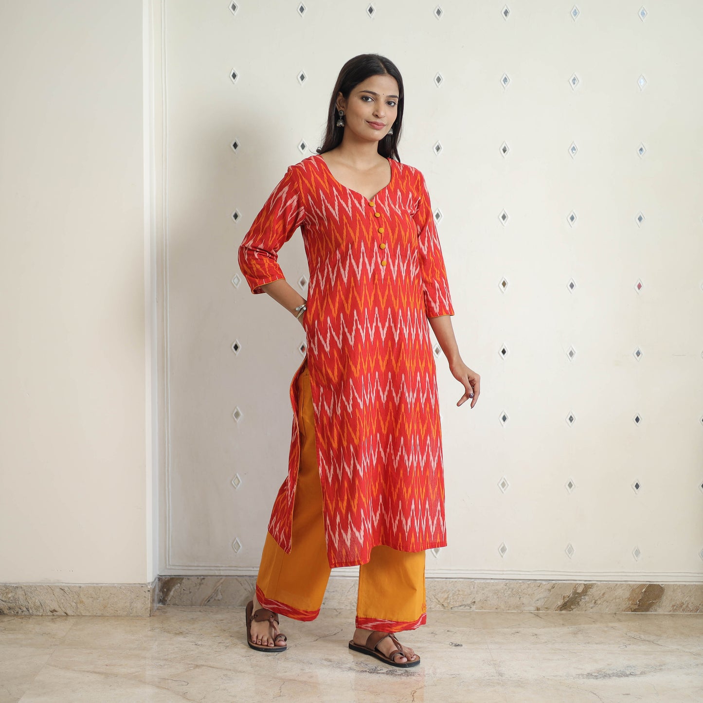 Red - Handloom Cotton Pochampally Ikat Kurta Set 24