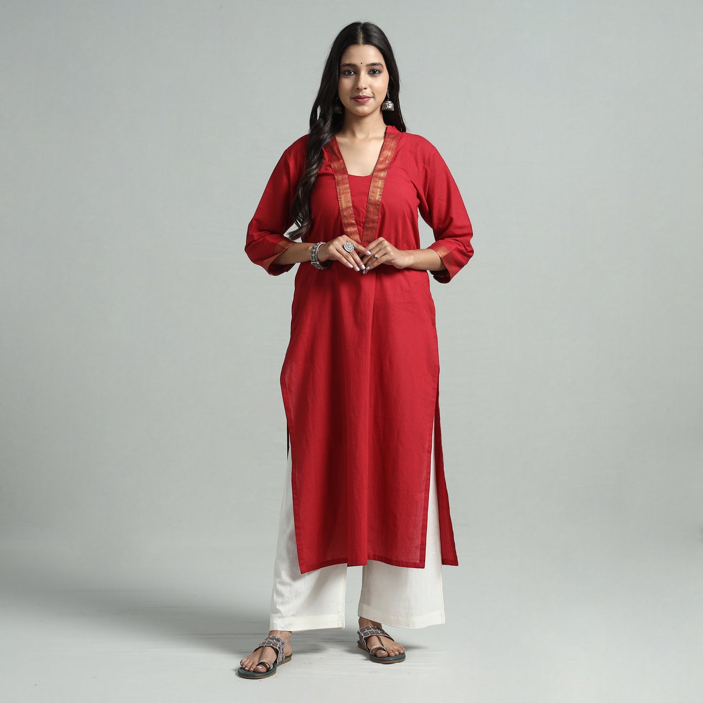 Red - Dharwad Cotton Straight Kurta