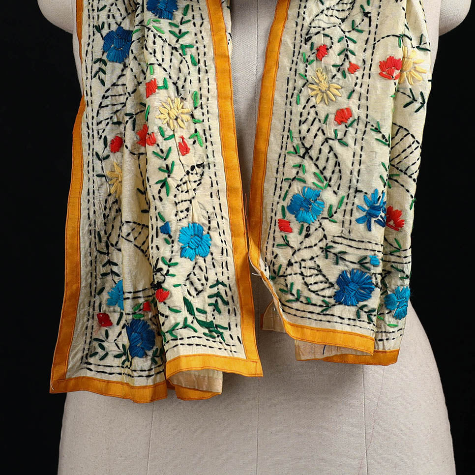 Beige - Ranihati Chanderi Silk Hand Embroidered Stole 41
