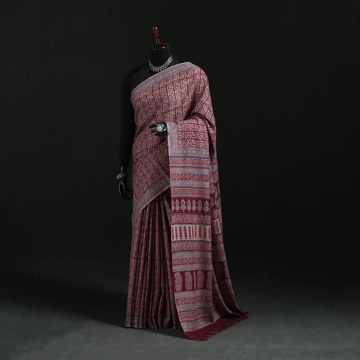 Handwoven Merino Wool Natural Dyed Hand Block Bagh Print Saree 07