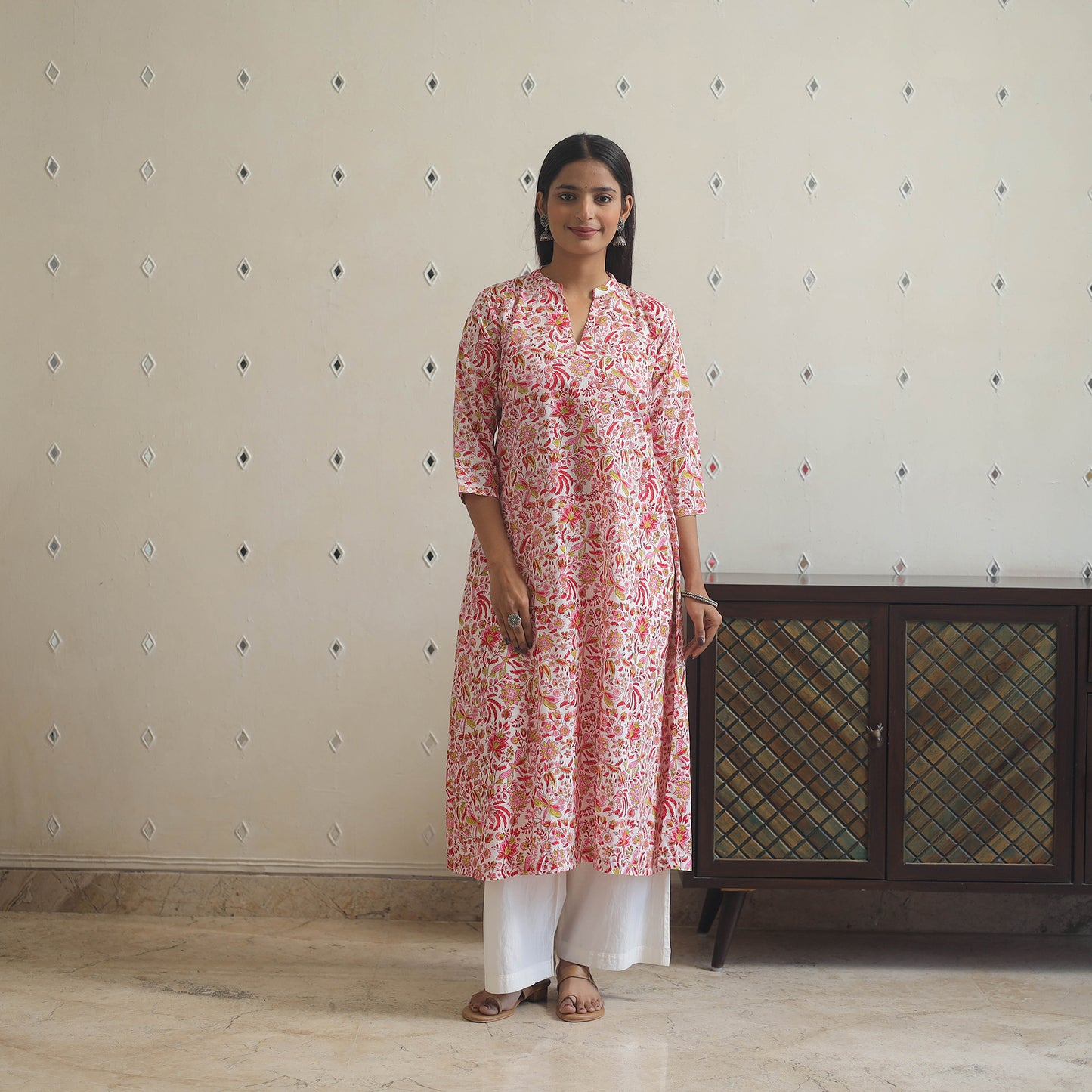 Pink - cotton a-line sanganeri kurta 04 - handcrafted