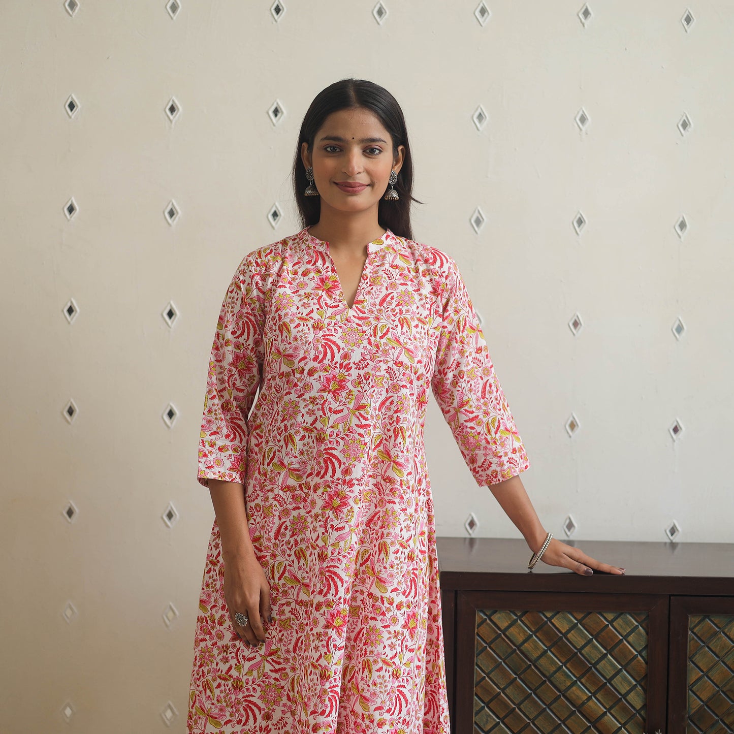 Pink - cotton a-line sanganeri kurta 04 - handcrafted