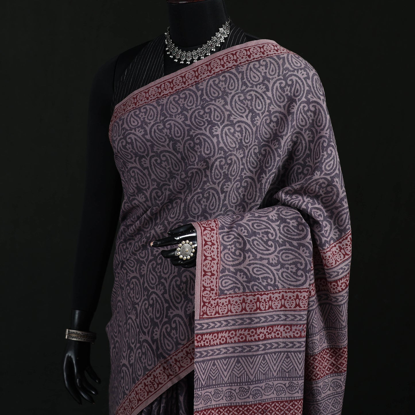 Handwoven Merino Wool Natural Dyed Hand Block Bagh Print Saree 06
