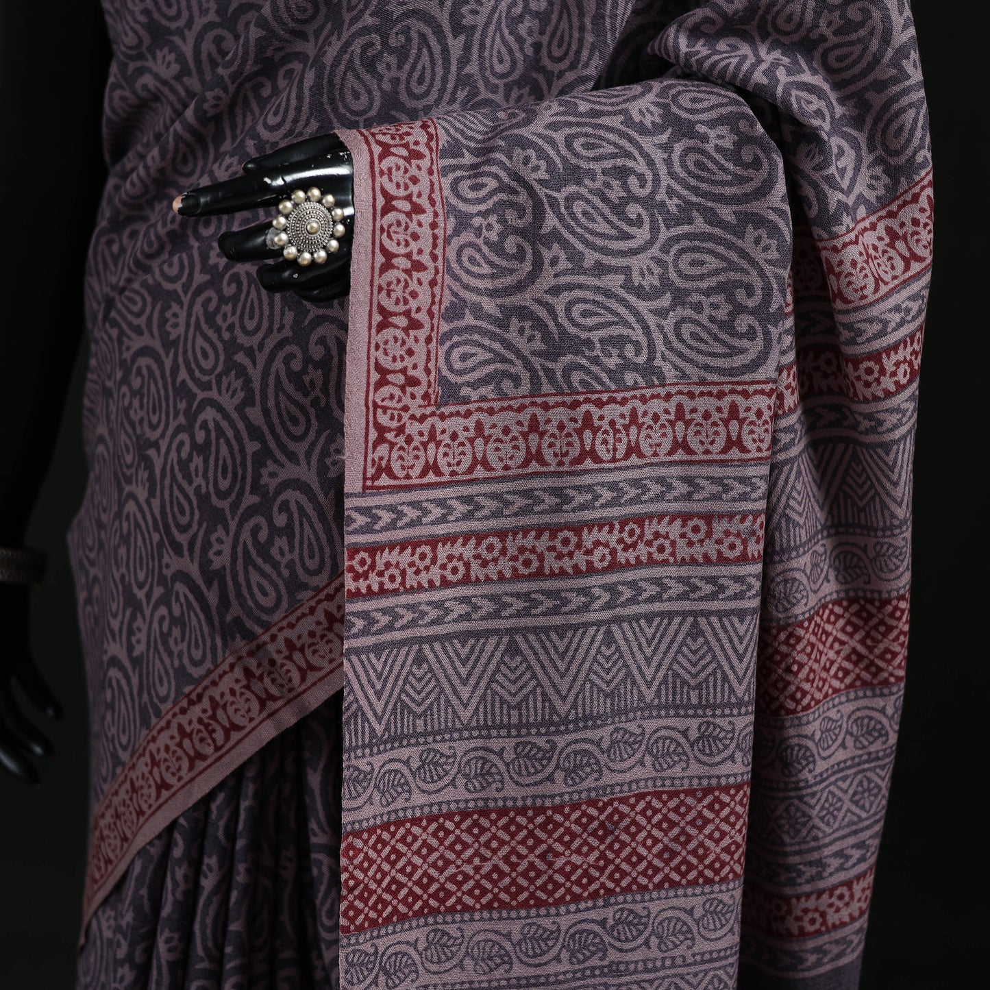 Handwoven Merino Wool Natural Dyed Hand Block Bagh Print Saree 06