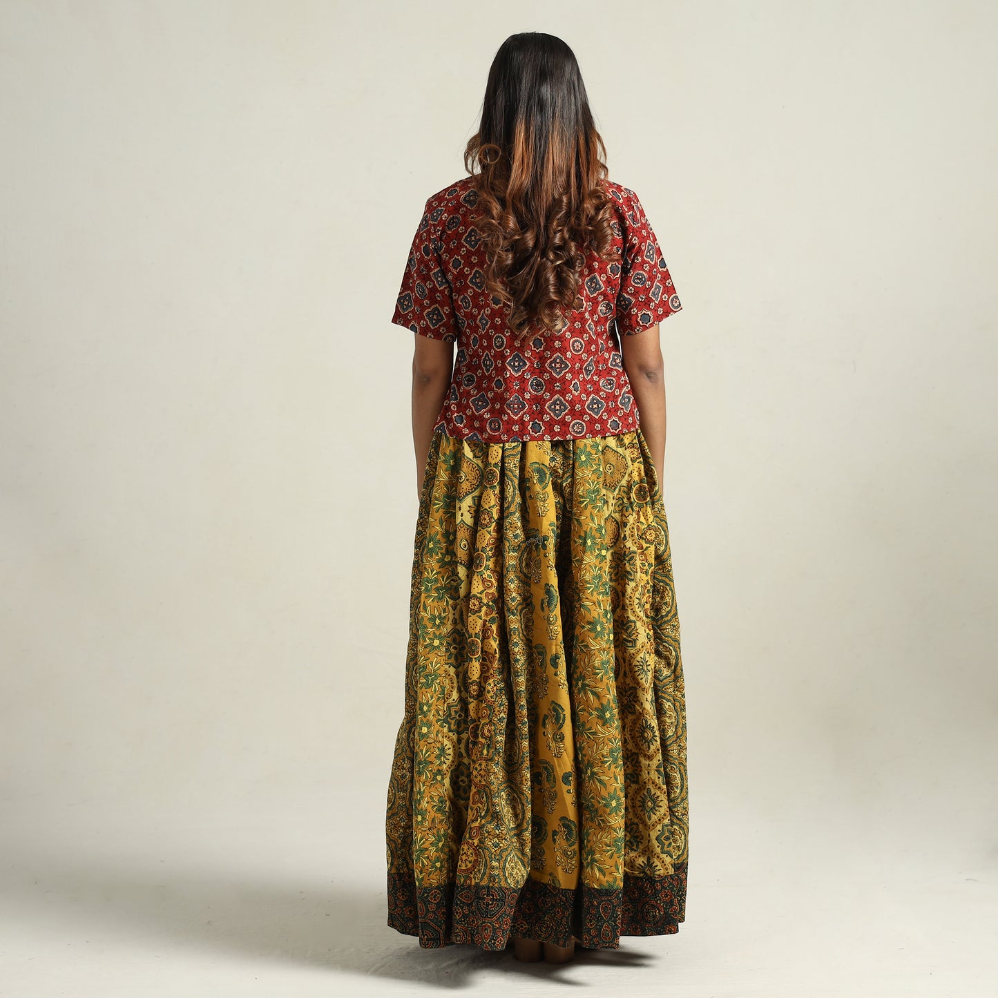 Yellow - Ajrakh Block Printed 24 Kali Patchwork Cotton Long Skirt 21