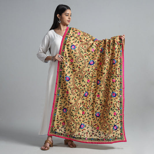 Yellow - Ranihati Chanderi Silk Chapa Work Phulkari Embroidered Dupatta 47