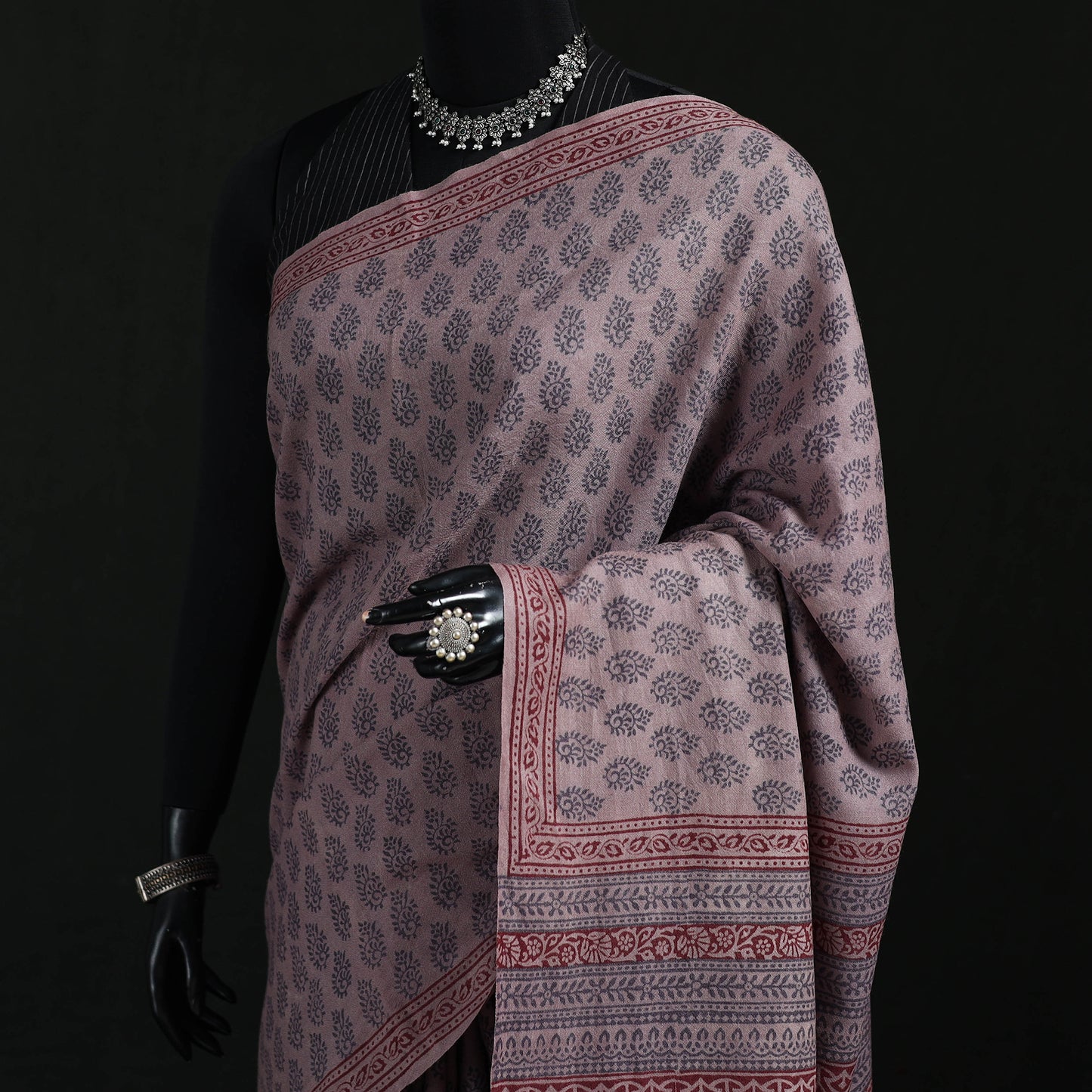 Handwoven Merino Wool Natural Dyed Hand Block Bagh Print Saree 04