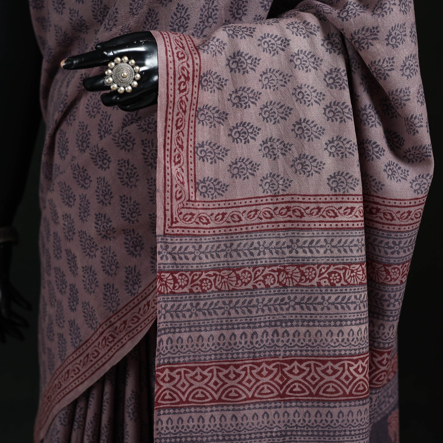 Handwoven Merino Wool Natural Dyed Hand Block Bagh Print Saree 04