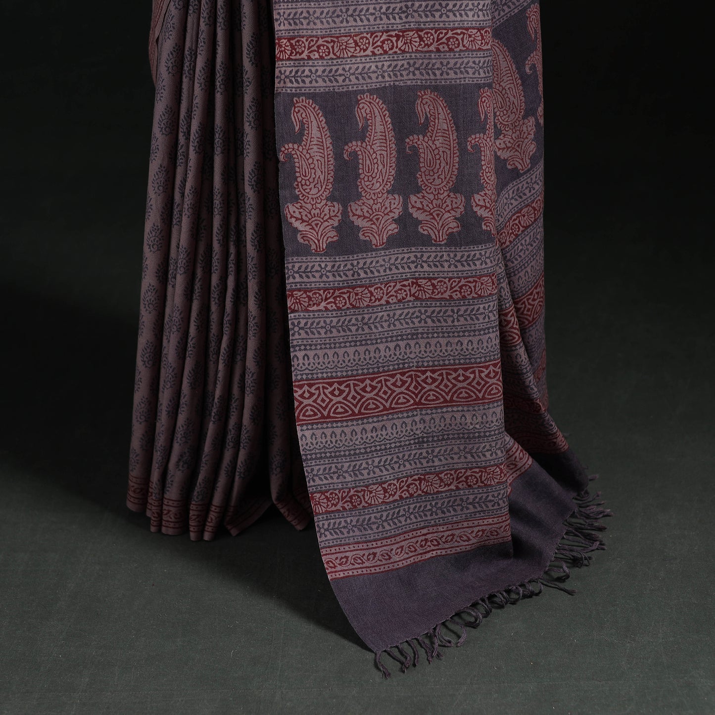 Handwoven Merino Wool Natural Dyed Hand Block Bagh Print Saree 04