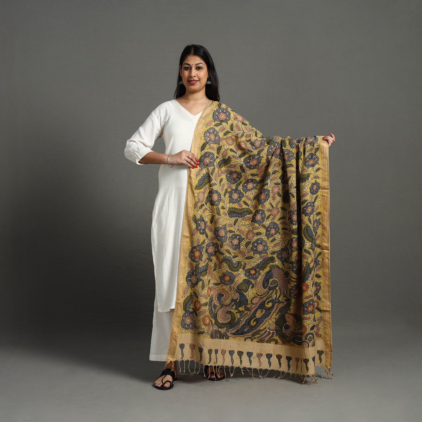 Yellow - mangalagiri cotton handpainted pen work kalamkari