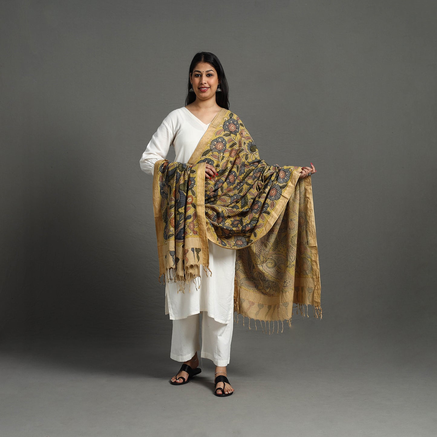 Yellow - mangalagiri cotton handpainted pen work kalamkari