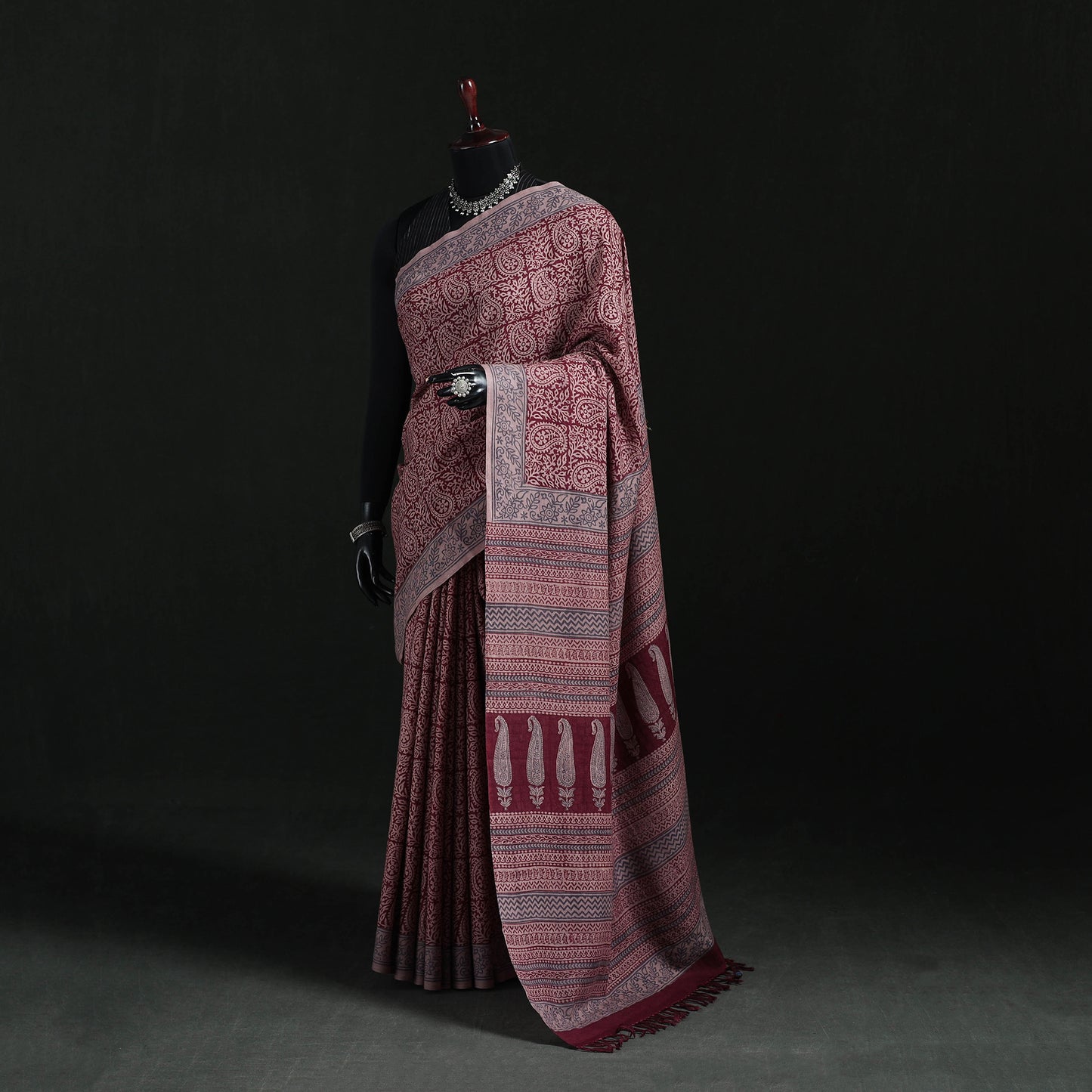 Handwoven Merino Wool Natural Dyed Hand Block Bagh Print Saree 03
