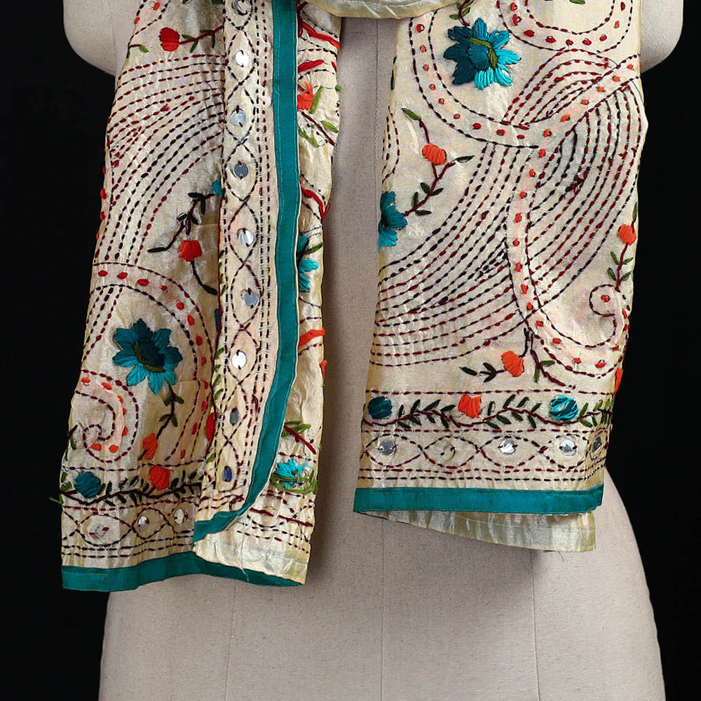 Beige - Ranihati Chanderi Silk Hand Embroidered Stole 65