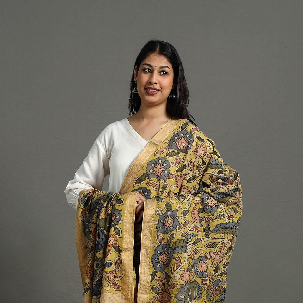 Yellow - mangalagiri cotton handpainted pen work kalamkari