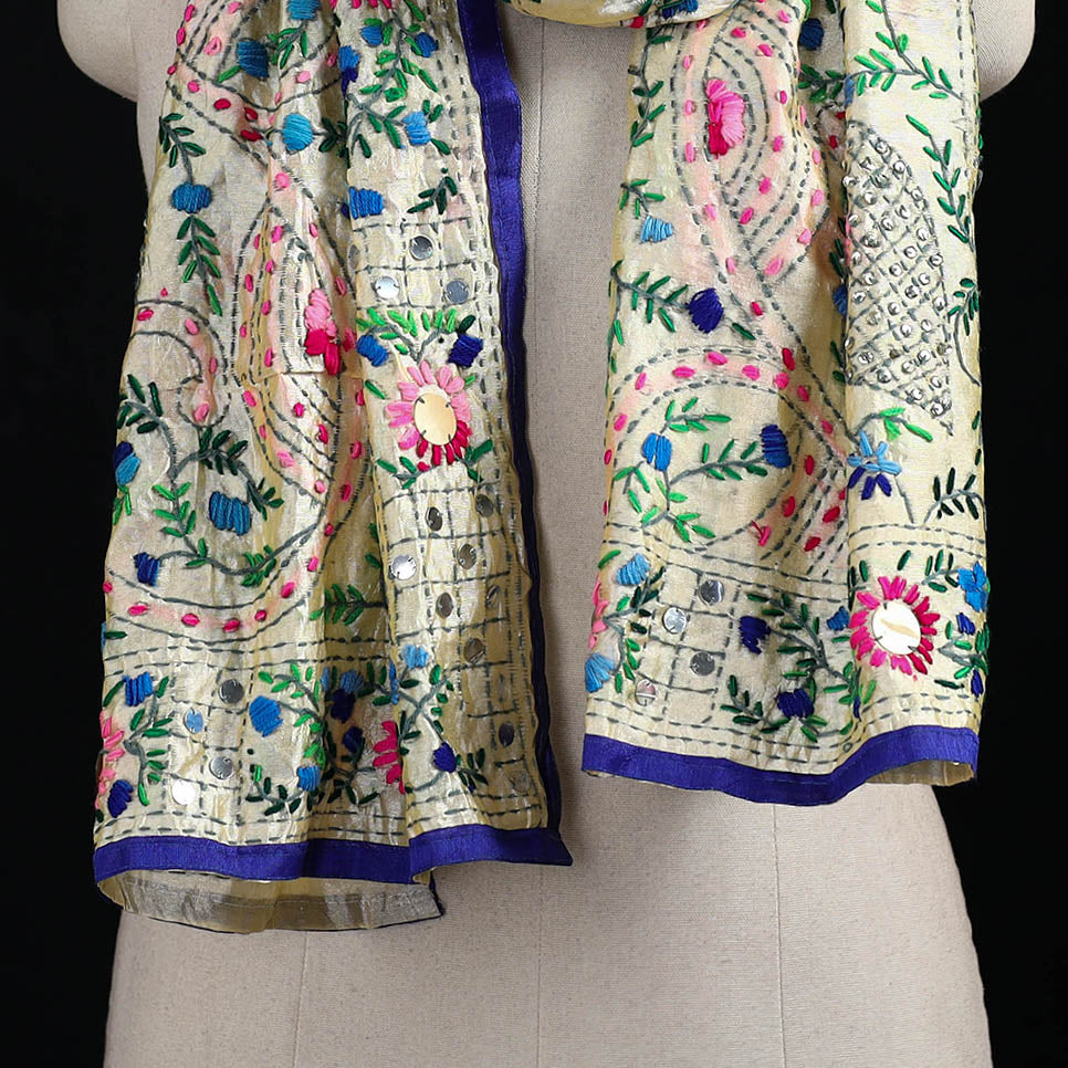 Beige - Ranihati Chanderi Silk Hand Embroidered Stole 66