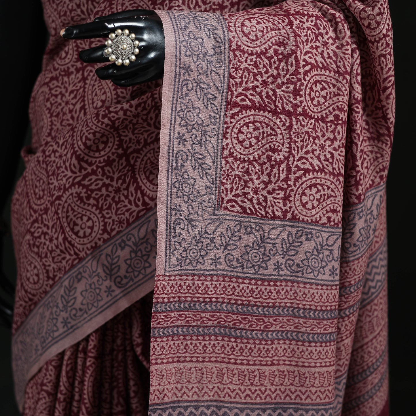 Handwoven Merino Wool Natural Dyed Hand Block Bagh Print Saree 03