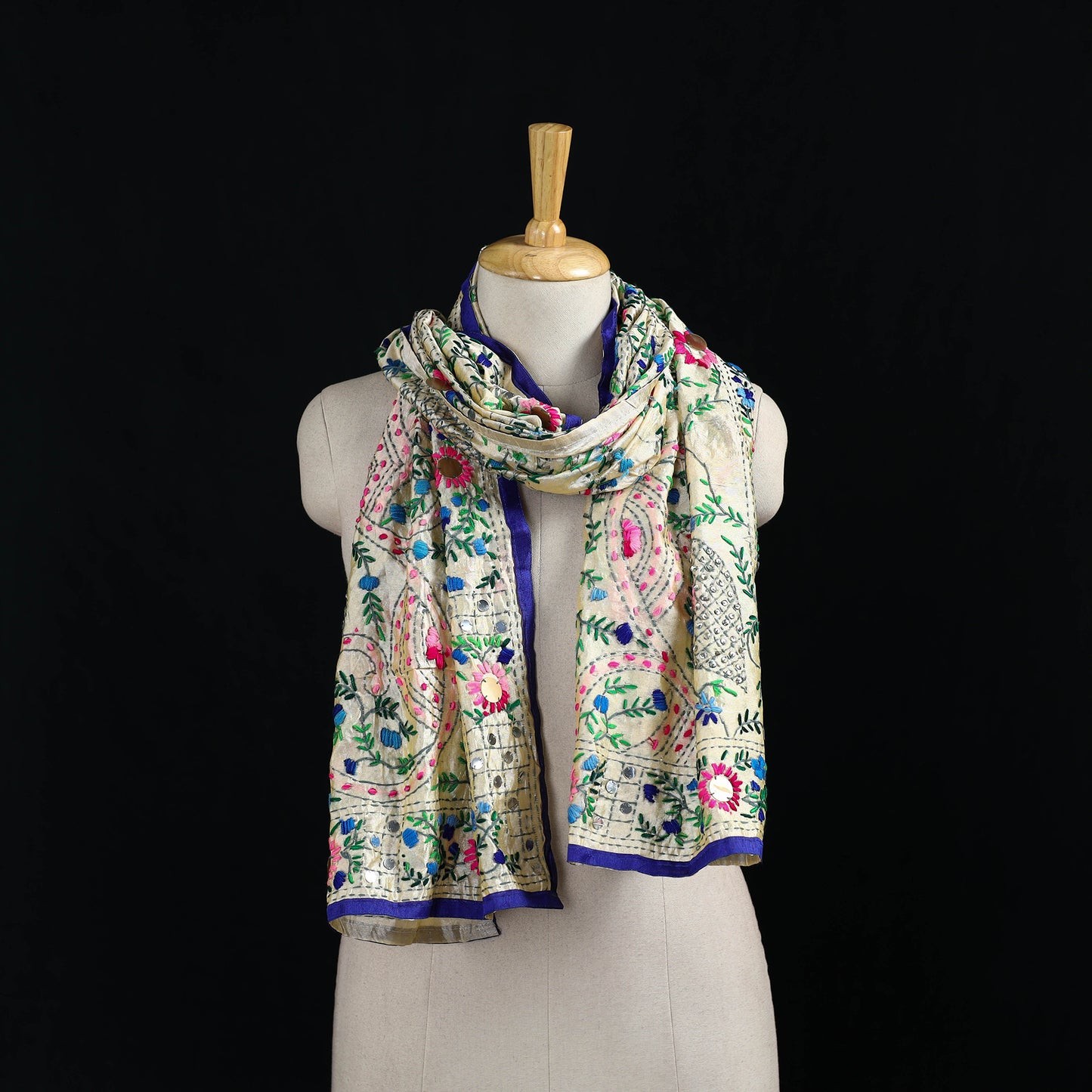 Beige - Ranihati Chanderi Silk Hand Embroidered Stole 66