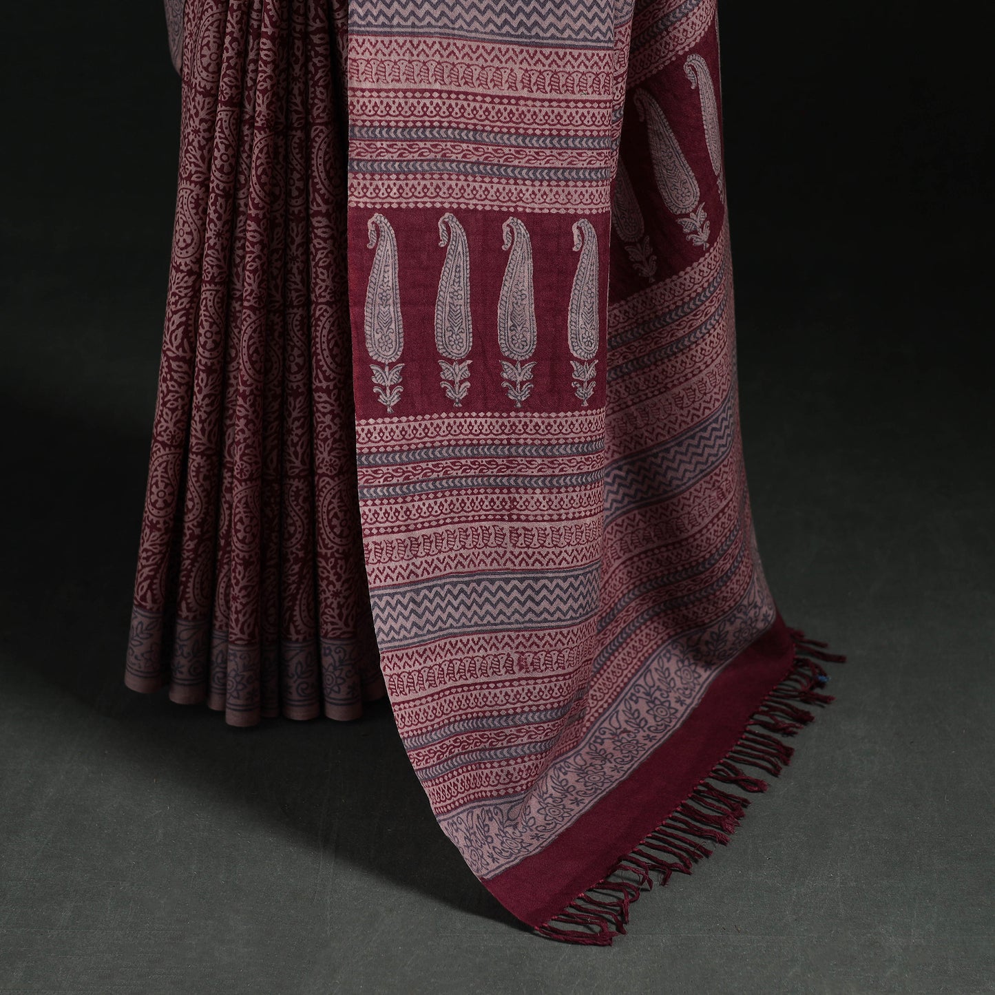 Handwoven Merino Wool Natural Dyed Hand Block Bagh Print Saree 03