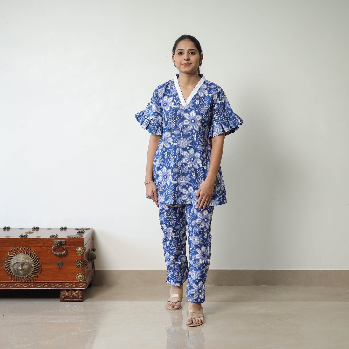 Blue - Block Printed Cotton Sanganeri Co-Ord Set 01