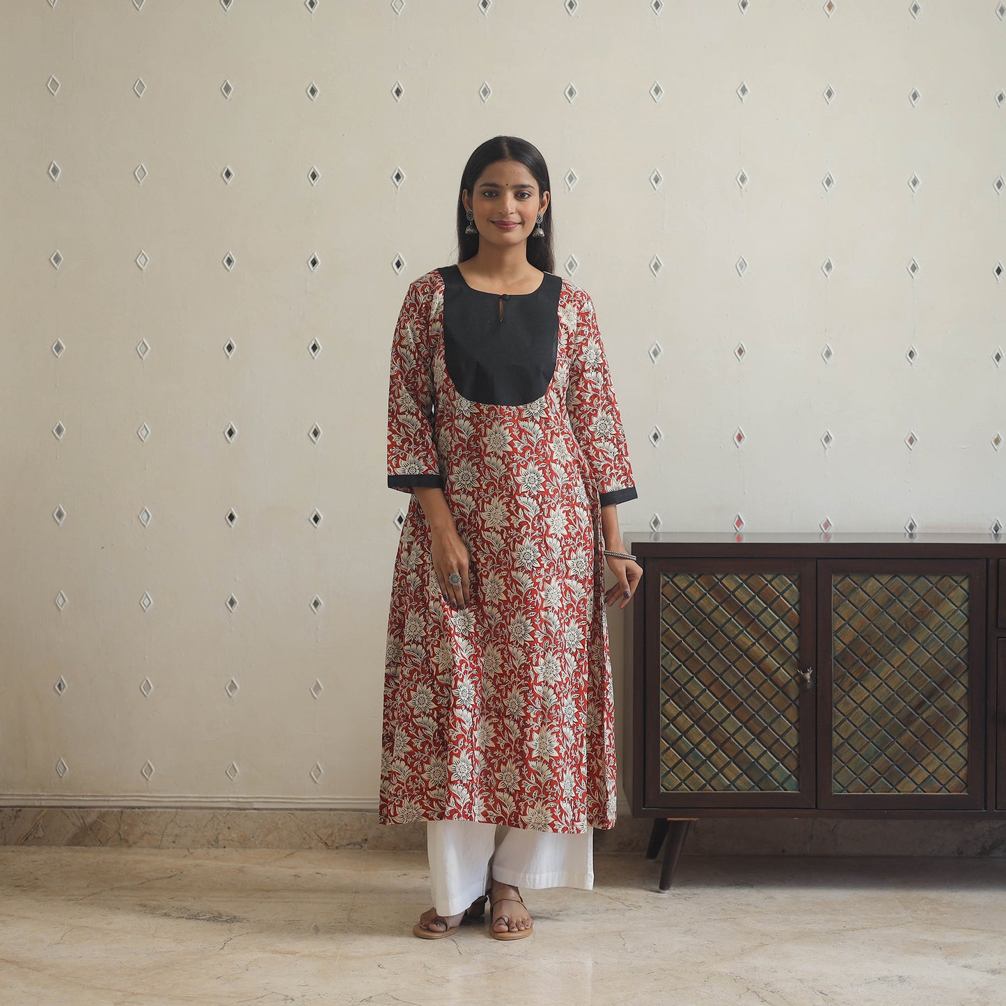 Red - Block Print Cotton Patchwork A-Line Sanganeri Kurta 07