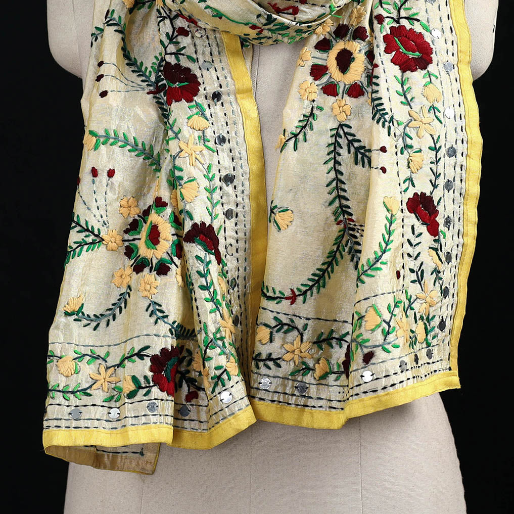 Beige - Ranihati Chanderi Silk Hand Embroidered Stole 69