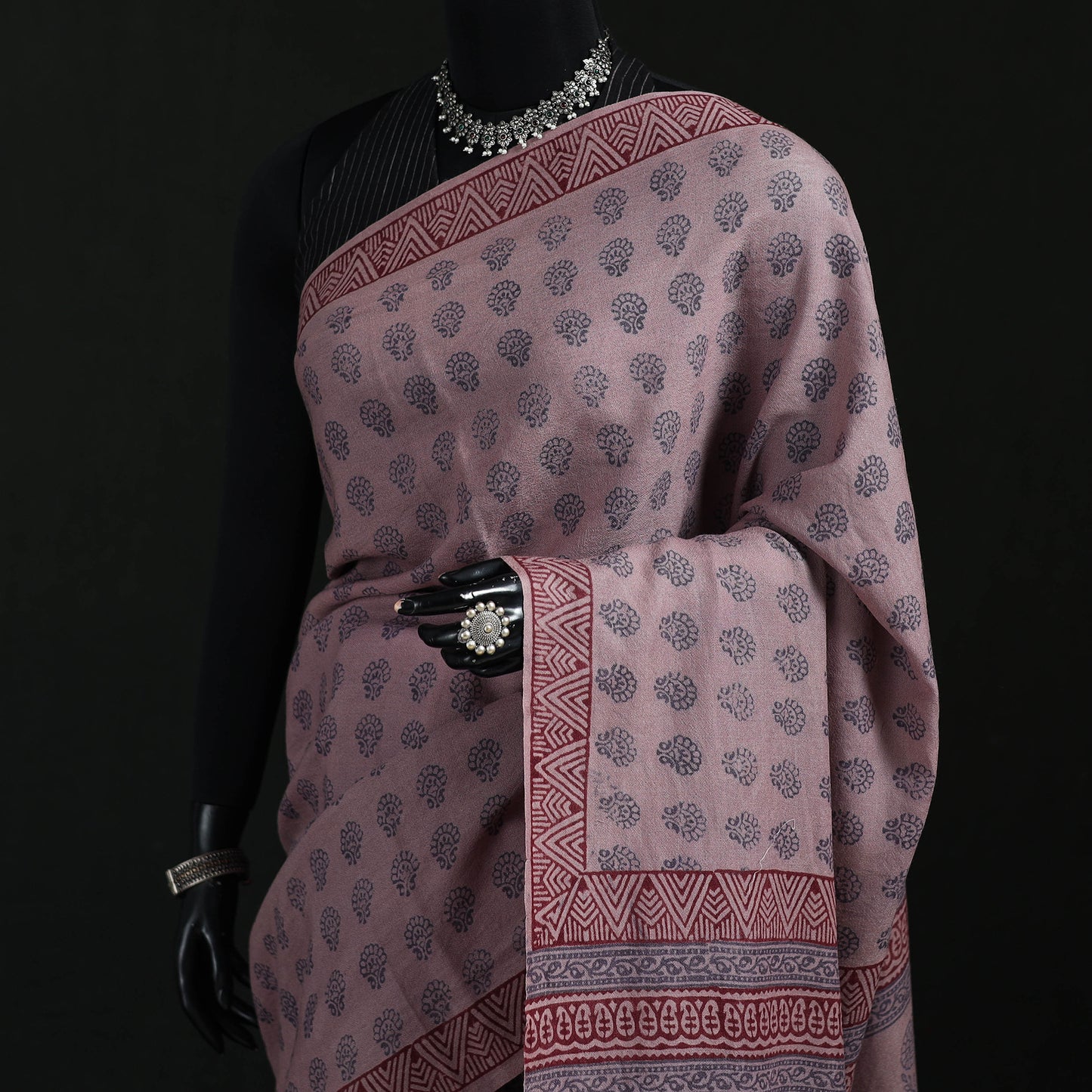 Handwoven Merino Wool Natural Dyed Hand Block Bagh Print Saree 02