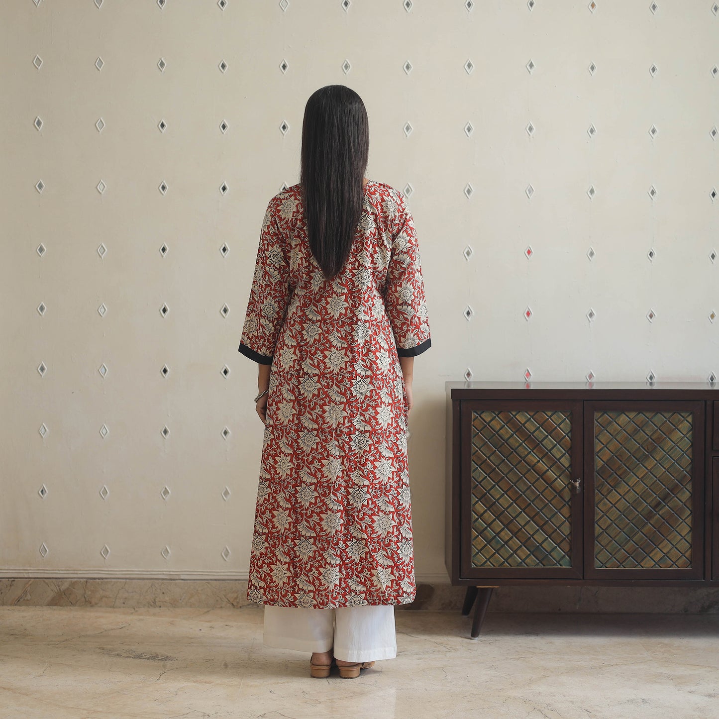Red - Block Print Cotton Patchwork A-Line Sanganeri Kurta 07