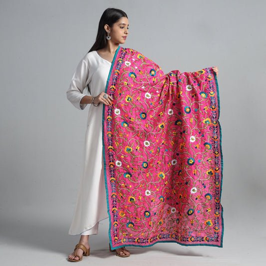 Pink - Ranihati Chanderi Silk Chapa Work Phulkari Embroidered Dupatta 50