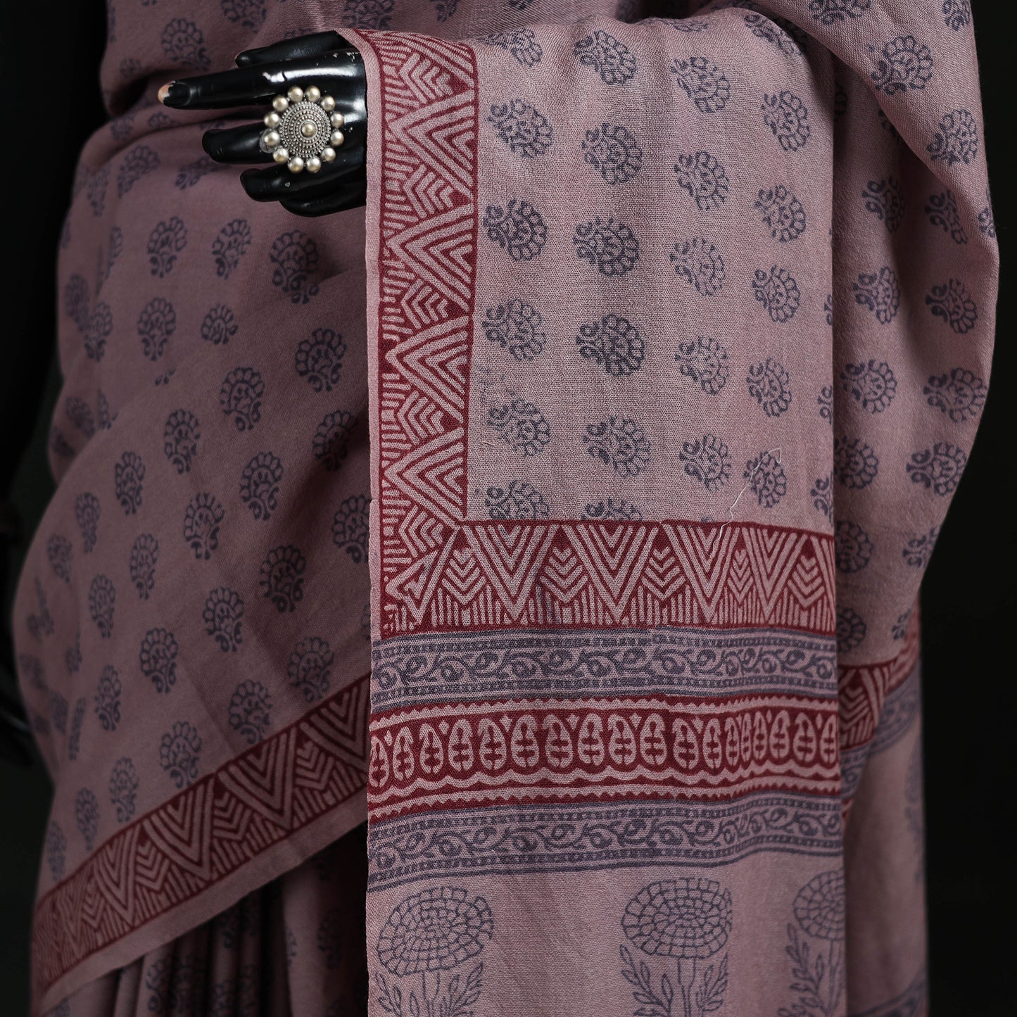 Handwoven Merino Wool Natural Dyed Hand Block Bagh Print Saree 02