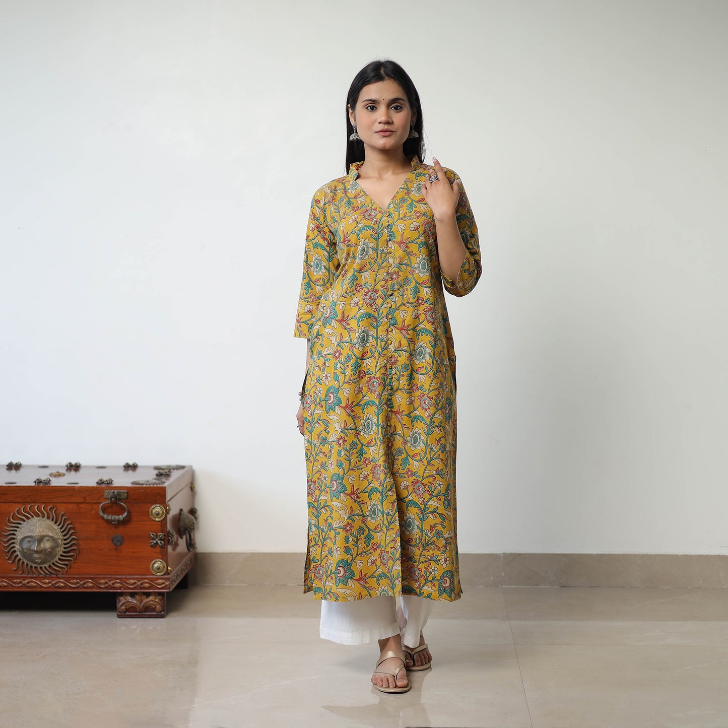 Yellow - Printed Cotton Straight Kalamkari Kurta 09