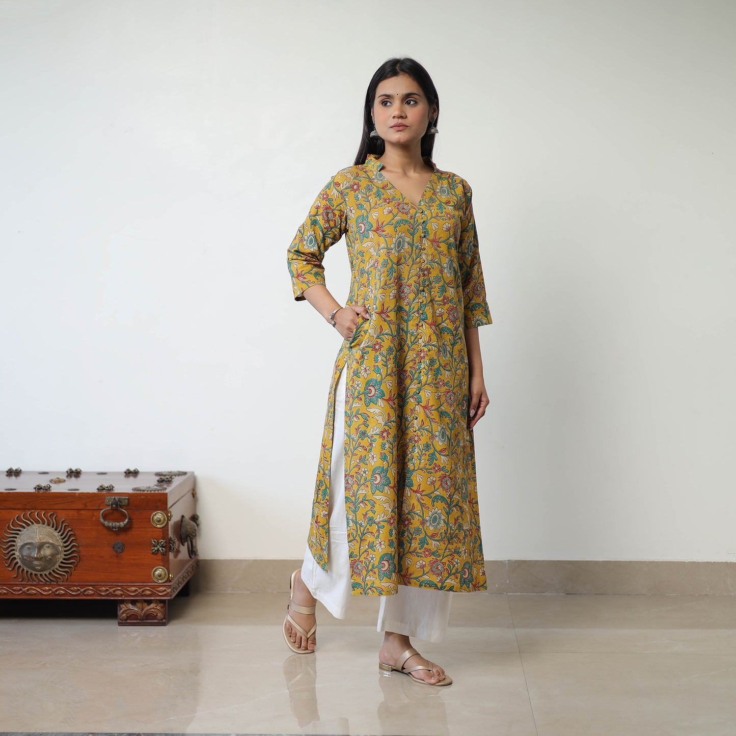 Yellow - Printed Cotton Straight Kalamkari Kurta 09