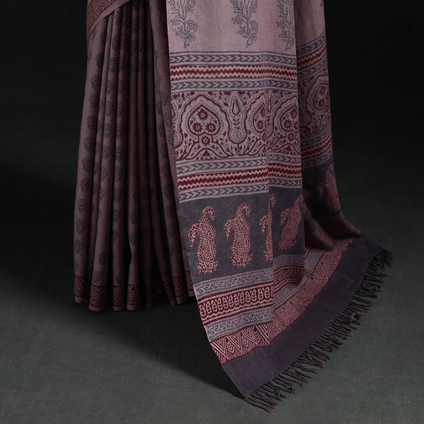 Handwoven Merino Wool Natural Dyed Hand Block Bagh Print Saree 02