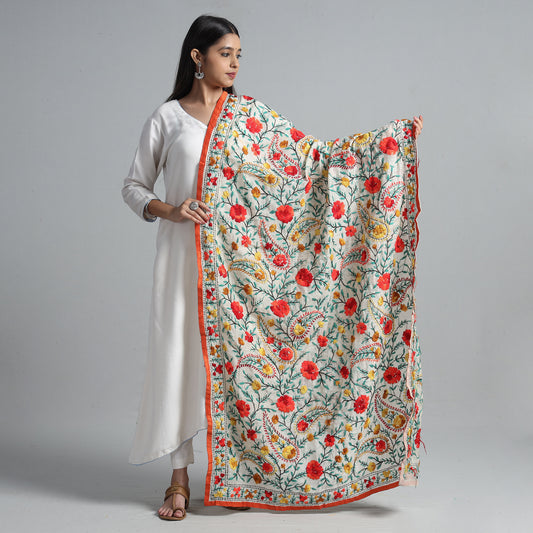 White - Ranihati Chanderi Silk Chapa Work Phulkari Embroidered Dupatta 51