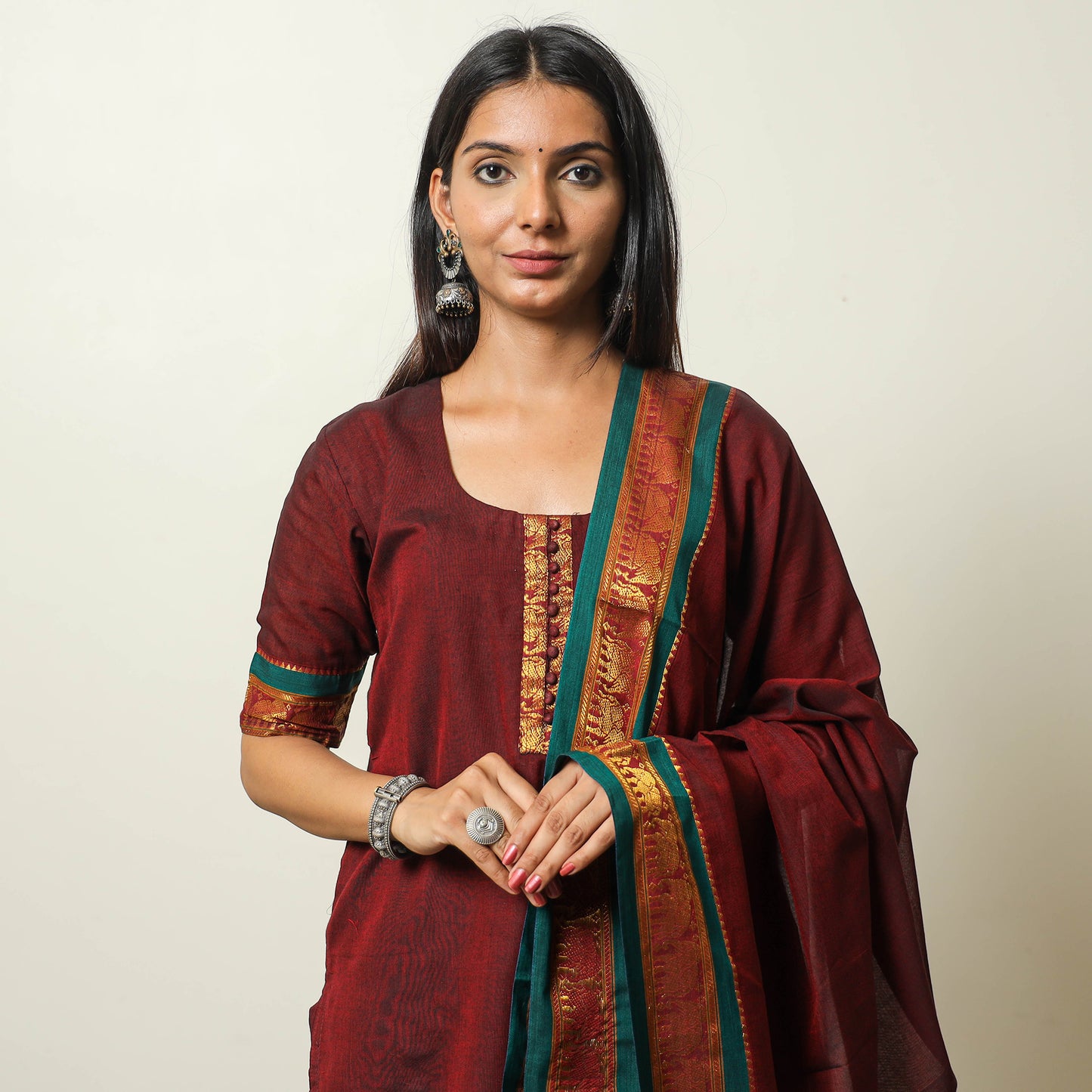 Cotton Maroon Dharwad Kurta Set with Palazzo & Dupatta