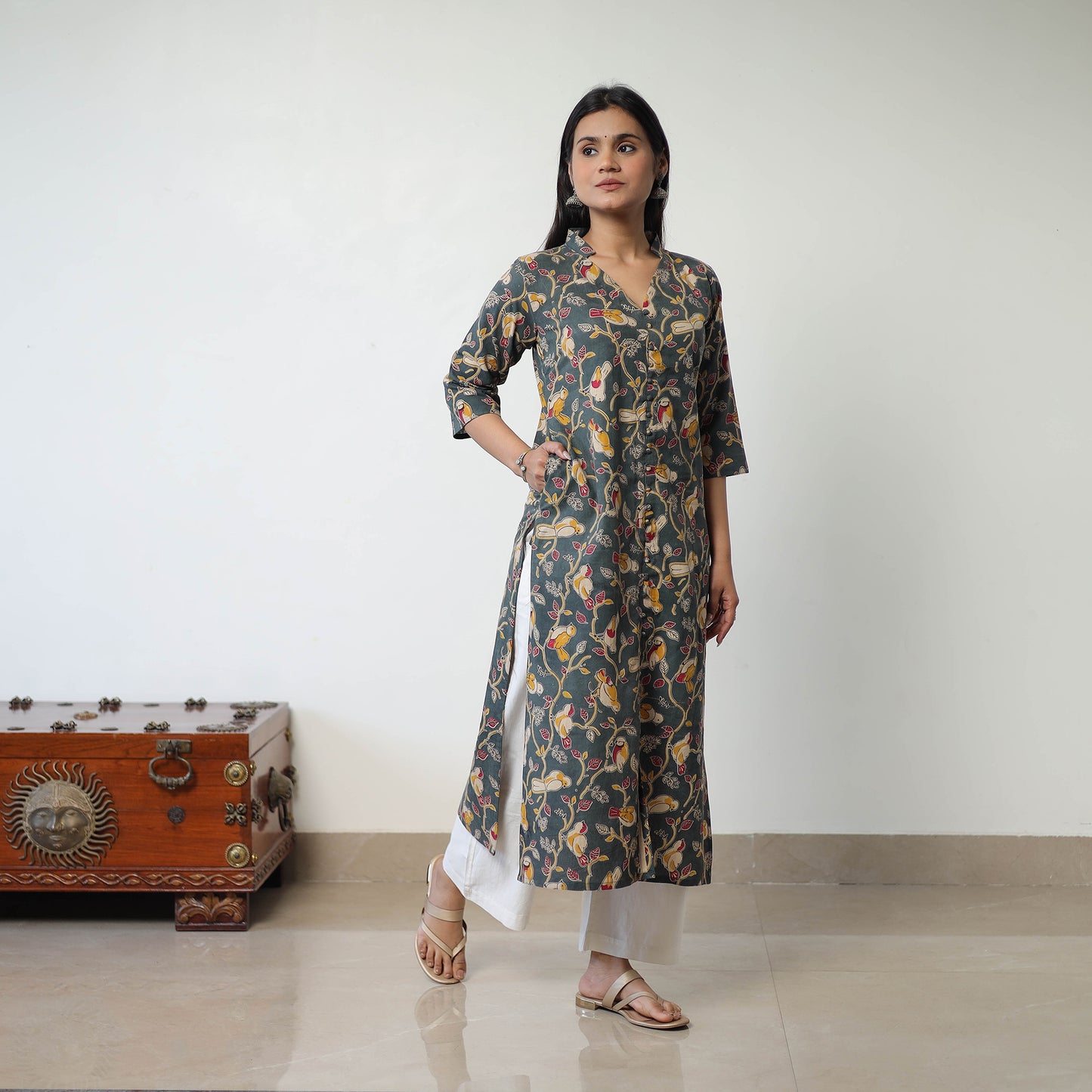 Dark Grey Printed Cotton Straight Kalamkari Kurta For Women