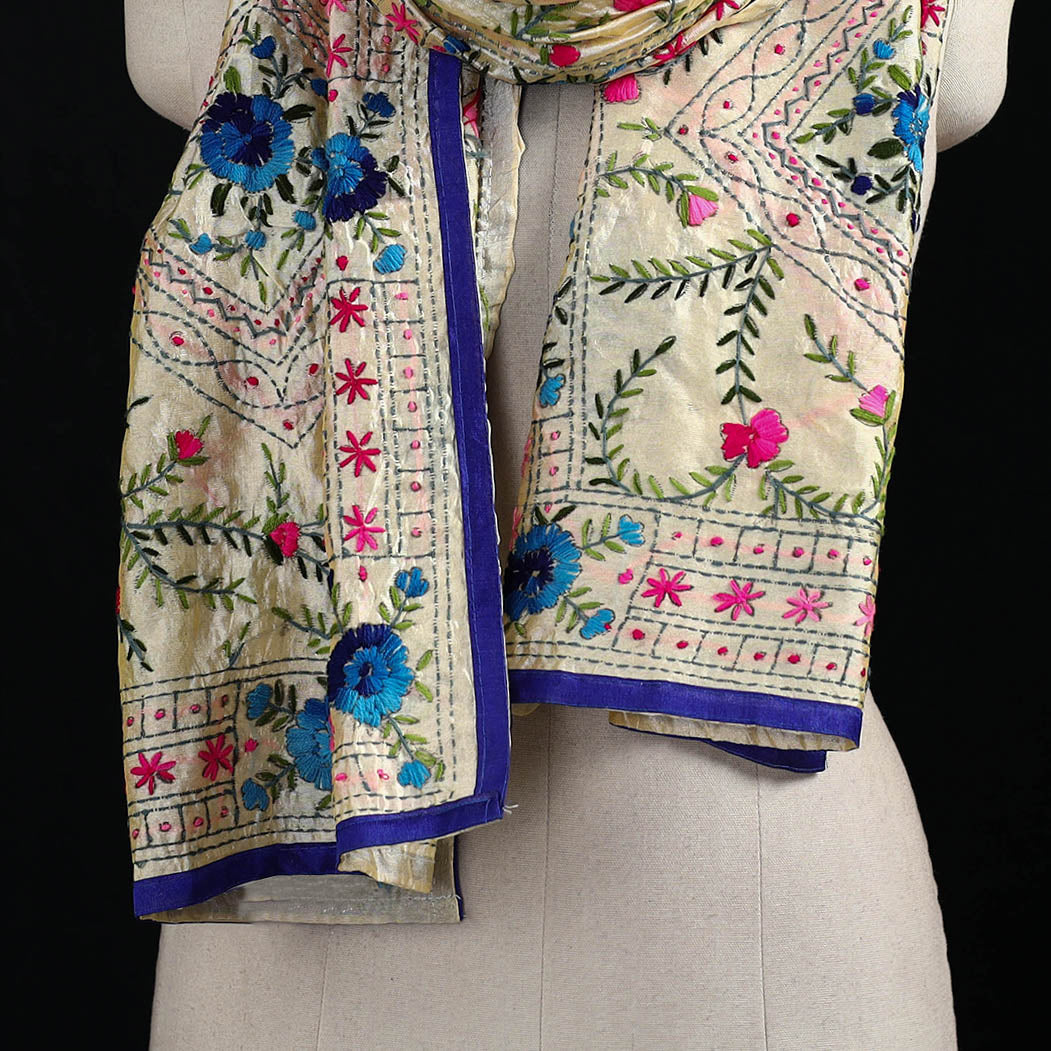 Beige - Ranihati Chanderi Silk Hand Embroidered Stole 79