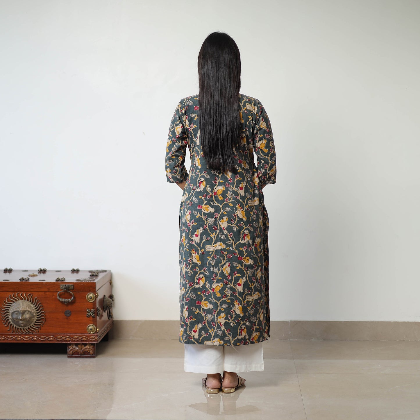Dark Grey Printed Cotton Straight Kalamkari Kurta For Women