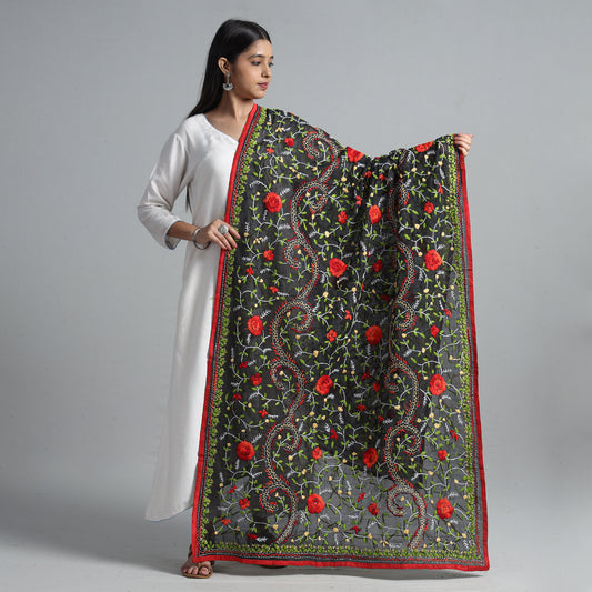 Black - Ranihati Chanderi Silk Chapa Work Phulkari Embroidered Dupatta 52