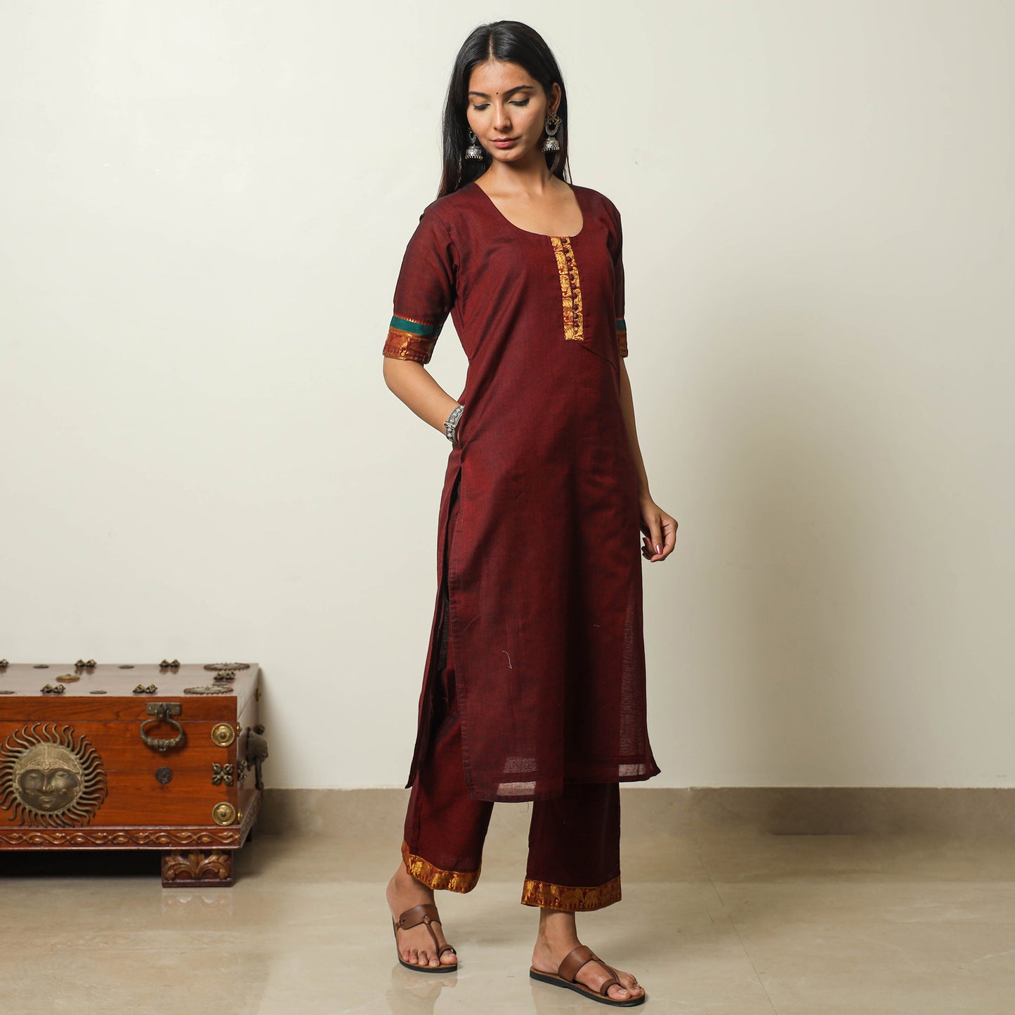 Cotton Maroon Dharwad Kurta Set with Palazzo & Dupatta